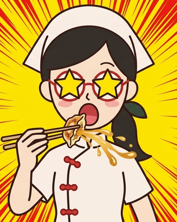 餃子を食べて目が星になる鮮子（MV「ザ・ギョーザ」より）