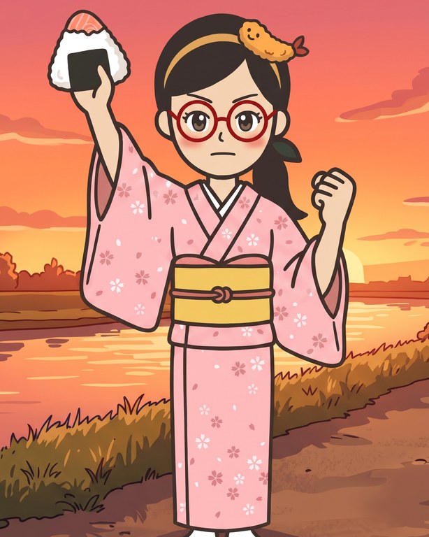 夕焼けの川べりで、きりっとした顔でおにぎりを掲げる鮮子☆デリカット